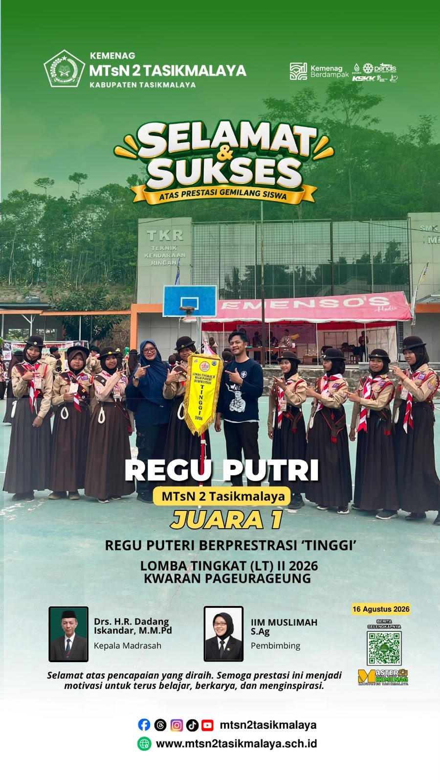 Regu Putri MTsN 2 Tasikmalaya Sabet Juara 1 Berprestasi Tinggi dalam Lomba Tingkat II Kwaran Pageurageung 2026