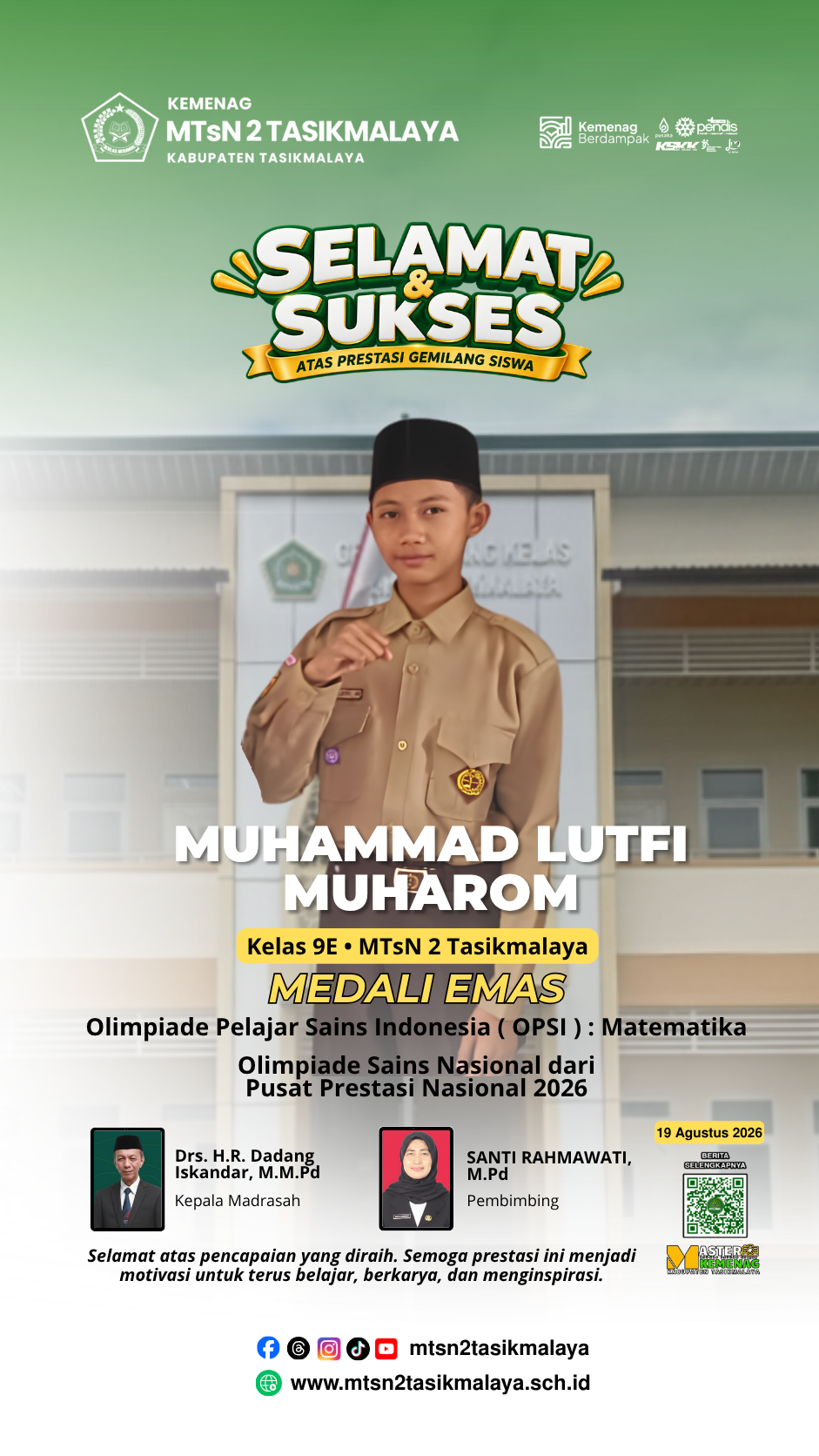 Siswa MTsN 2 Tasikmalaya Raih Medali Emas Olimpiade Pelajar Sains Indonesia Bidang Matematika 2026